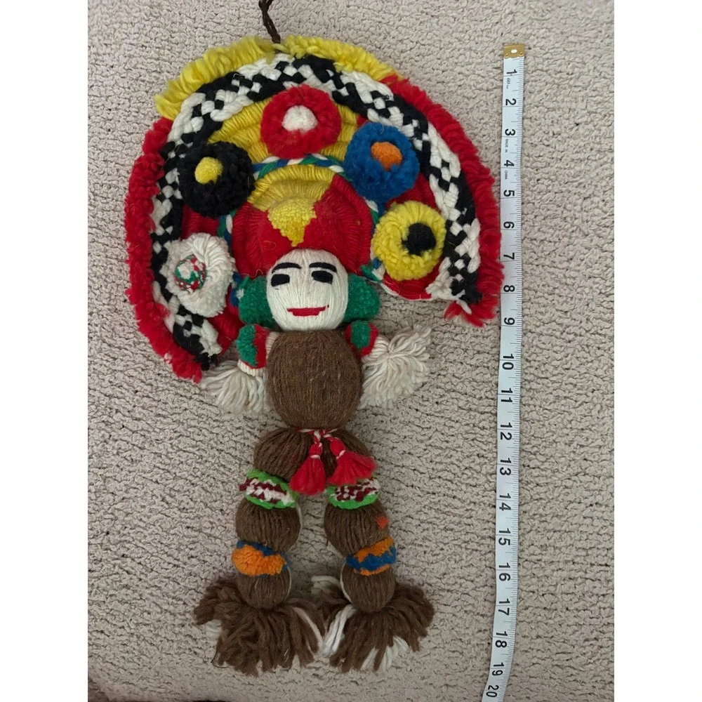 Vintage Handmade Yarn Doll Wall Hanging Folk Art Large Headdress Multicolor 18
